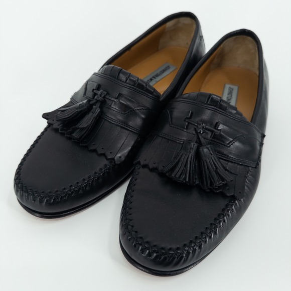 Johnston & Murphy Black Tassel Loafers Mens 9.5M Leather Sole Dress Shoes Preppy - Picture 1 of 9